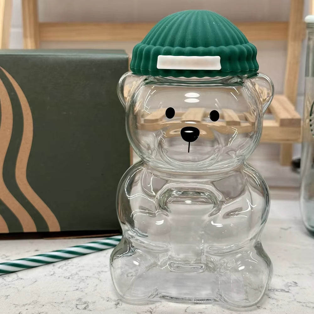 2025 New 500ML Cartoon Bear Shaped Coffee Mug Cute Bear Mug Glass Cup with Straw Transparent Creative Milk Coffee Water Cups