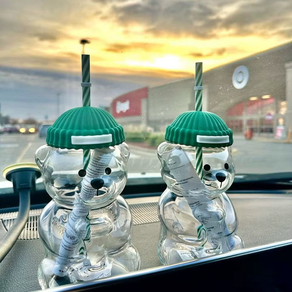 2025 New 500ML Cartoon Bear Shaped Coffee Mug Cute Bear Mug Glass Cup with Straw Transparent Creative Milk Coffee Water Cups