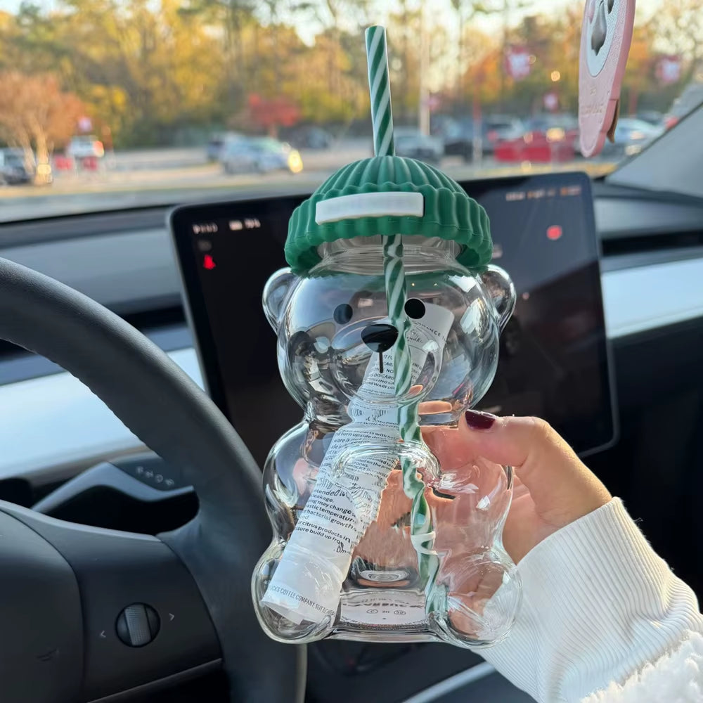 2025 New 500ML Cartoon Bear Shaped Coffee Mug Cute Bear Mug Glass Cup with Straw Transparent Creative Milk Coffee Water Cups