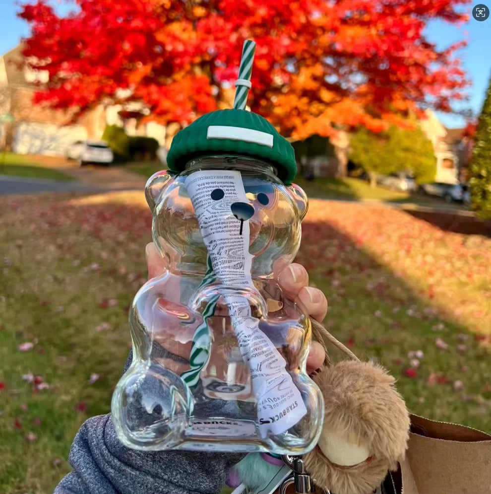 2025 New 500ML Cartoon Bear Shaped Coffee Mug Cute Bear Mug Glass Cup with Straw Transparent Creative Milk Coffee Water Cups