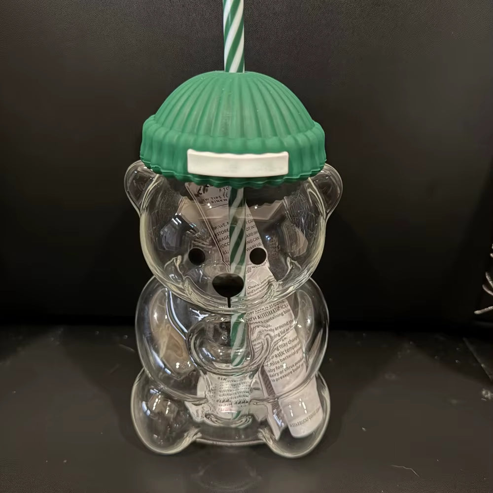 2025 New 500ML Cartoon Bear Shaped Coffee Mug Cute Bear Mug Glass Cup with Straw Transparent Creative Milk Coffee Water Cups