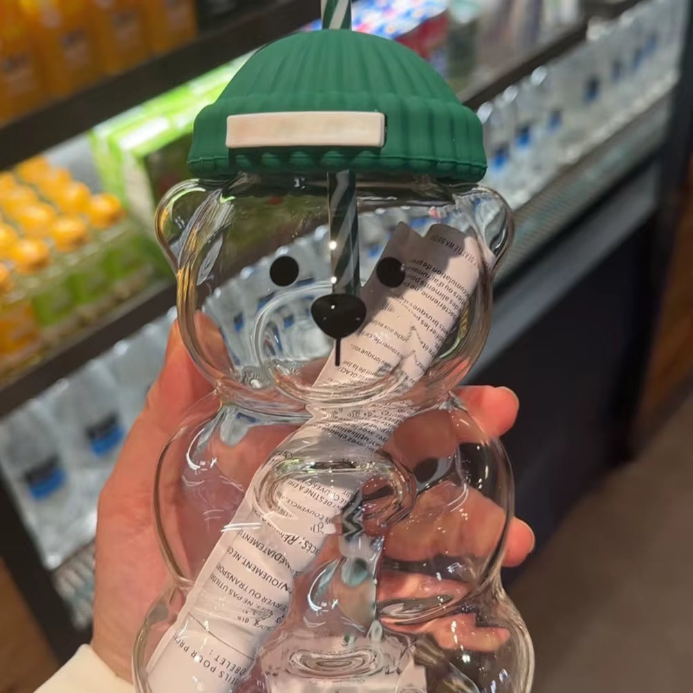 2025 New 500ML Cartoon Bear Shaped Coffee Mug Cute Bear Mug Glass Cup with Straw Transparent Creative Milk Coffee Water Cups