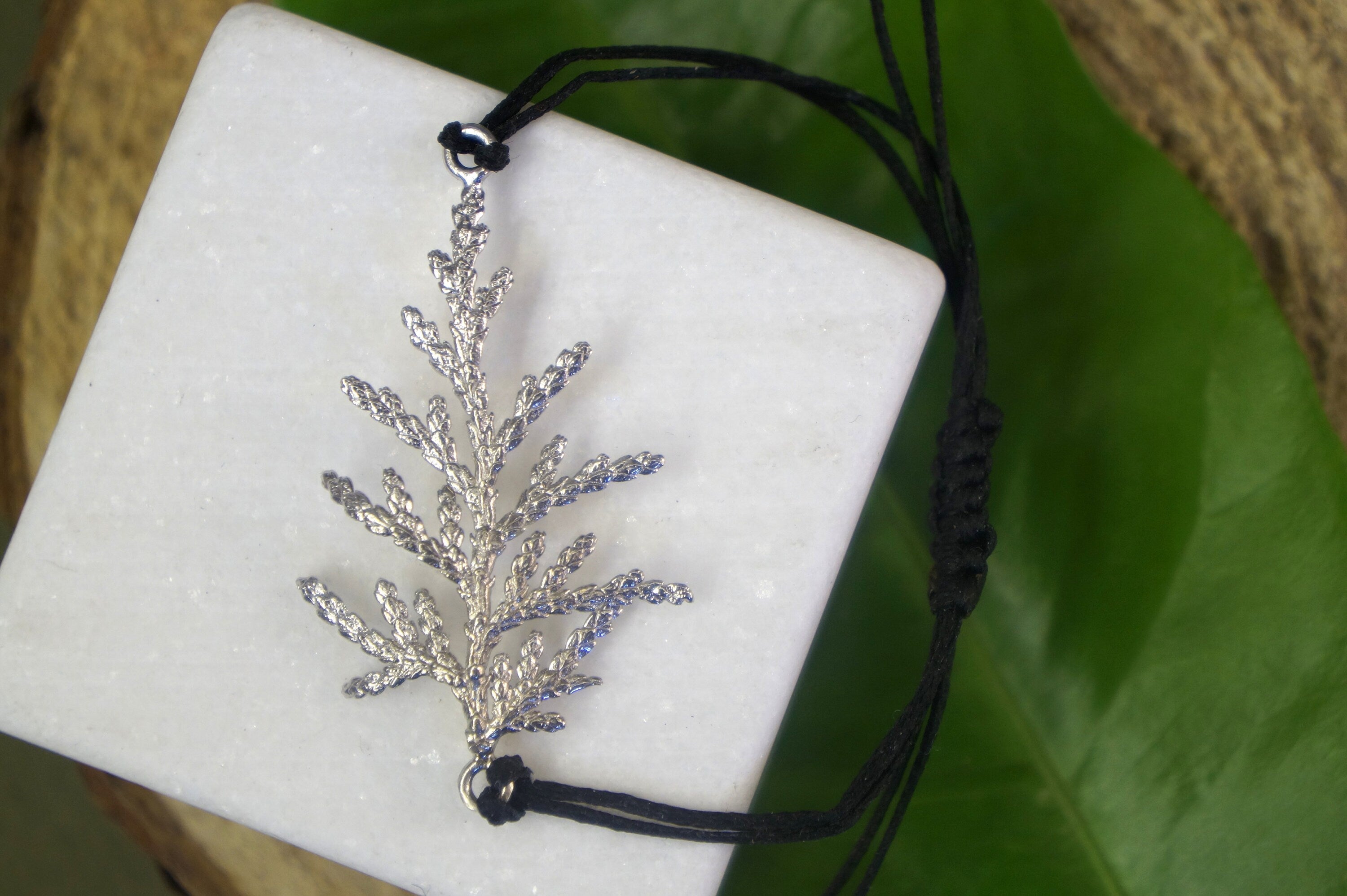 Botanical Macrame Bracelet – Sterling Silver Cypress Leaf Adjustable Wax Cord Jewelry