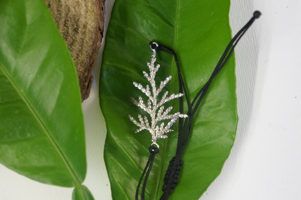Botanical Macrame Bracelet – Sterling Silver Cypress Leaf Adjustable Wax Cord Jewelry