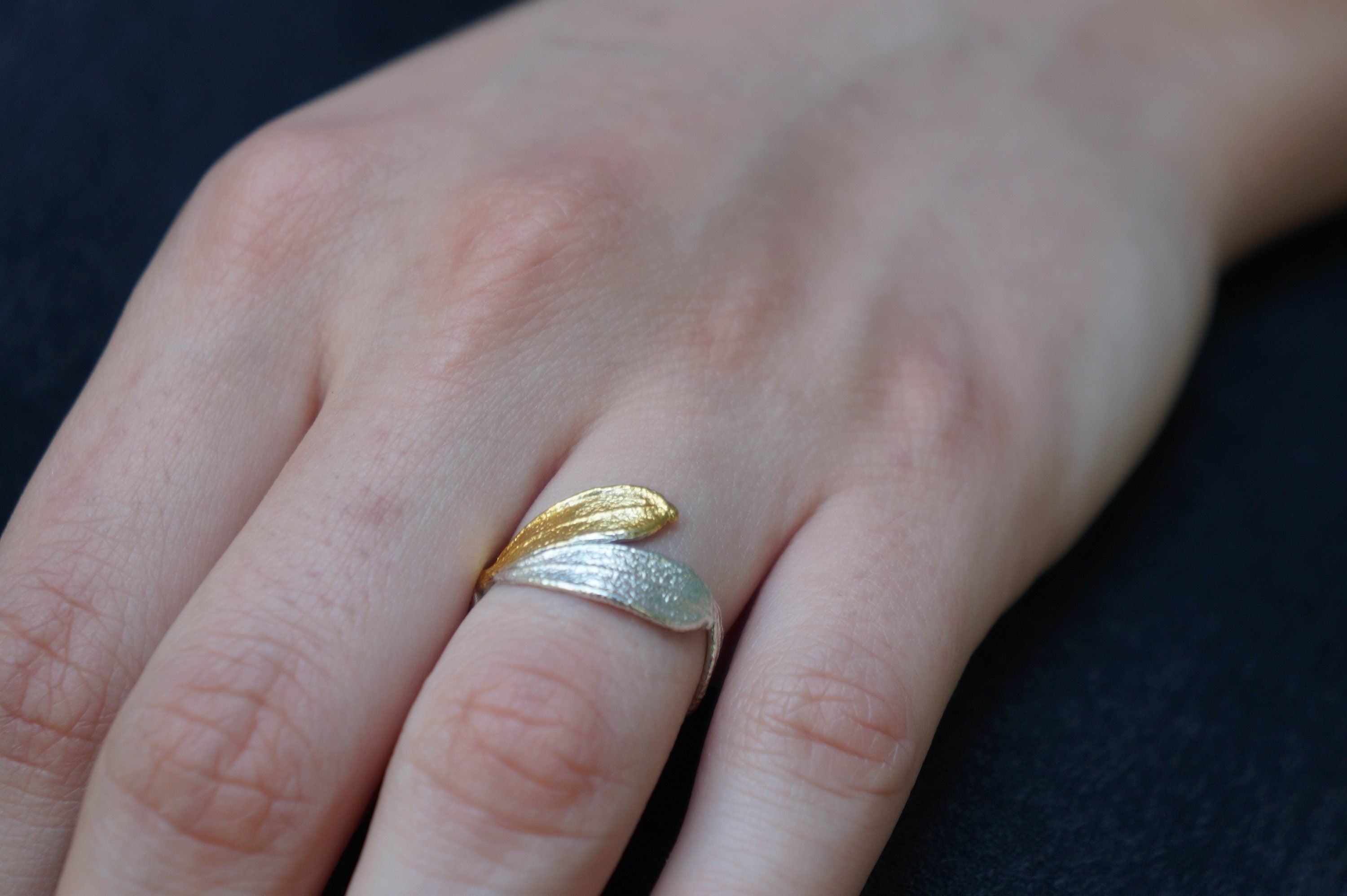 Sterling Silver Olive Ring – Handmade Two Tone Olive Leaf Ring with Gold Plated Finish