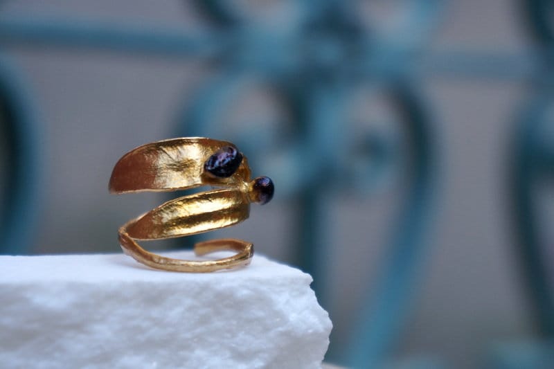 Olive Leaf Ring – 14k Gold Plated Sterling Silver Statement Ring with Black Rhodium Finish