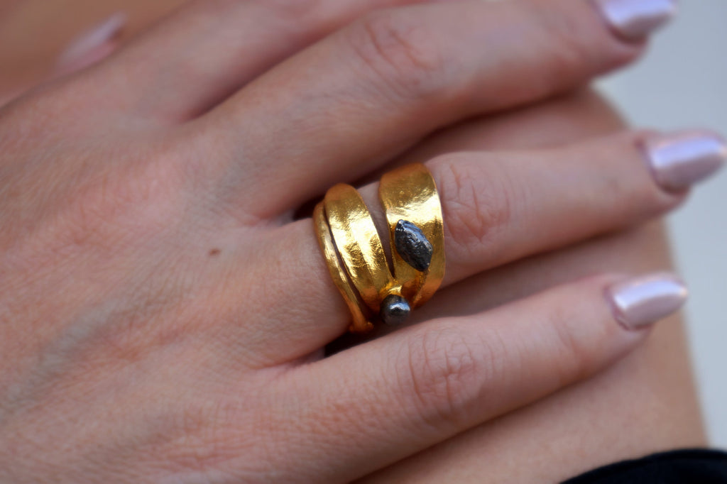 Olive Leaf Ring – 14k Gold Plated Sterling Silver Statement Ring with Black Rhodium Finish