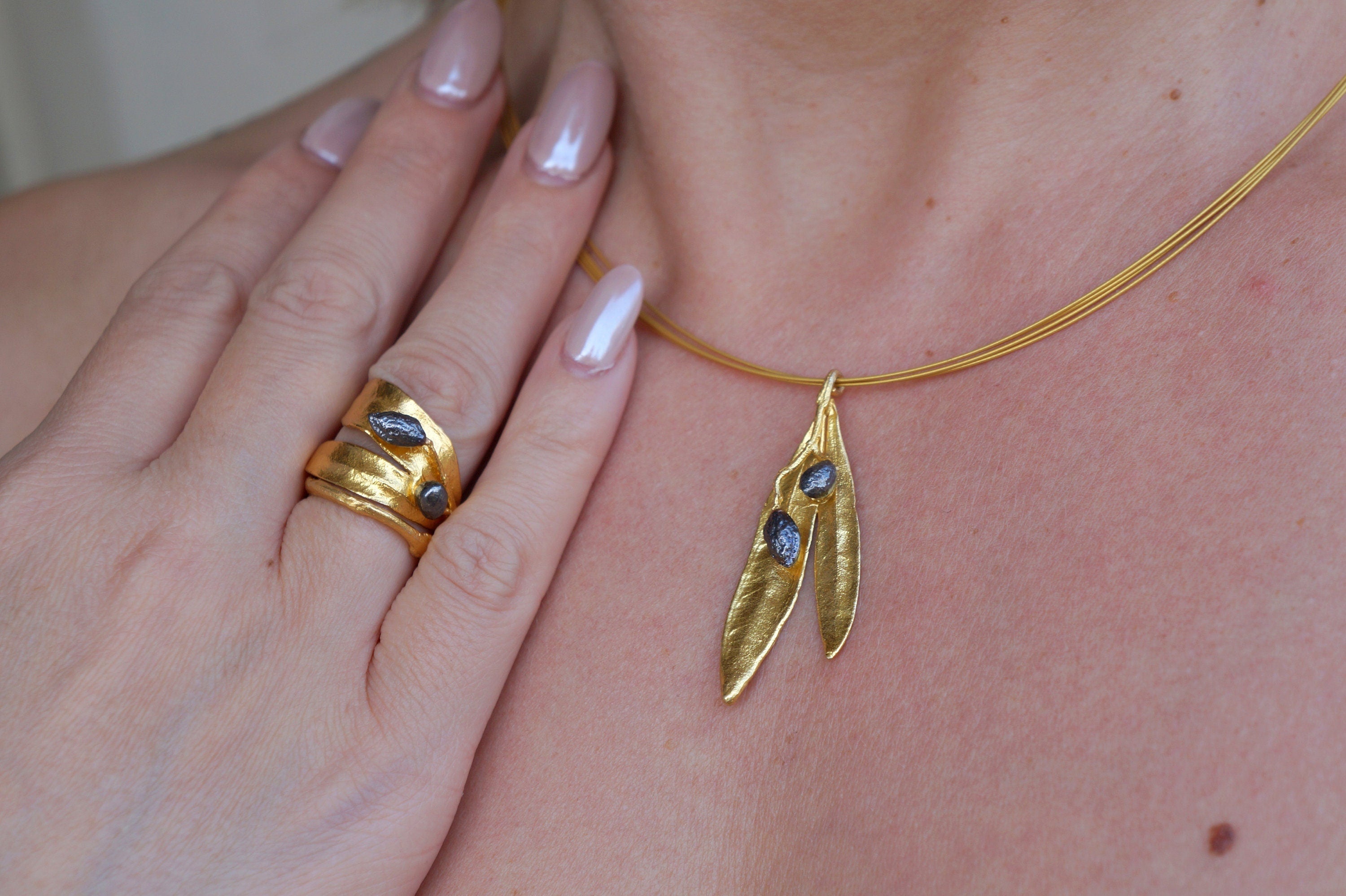 Olive Leaf Ring – 14k Gold Plated Sterling Silver Statement Ring with Black Rhodium Finish