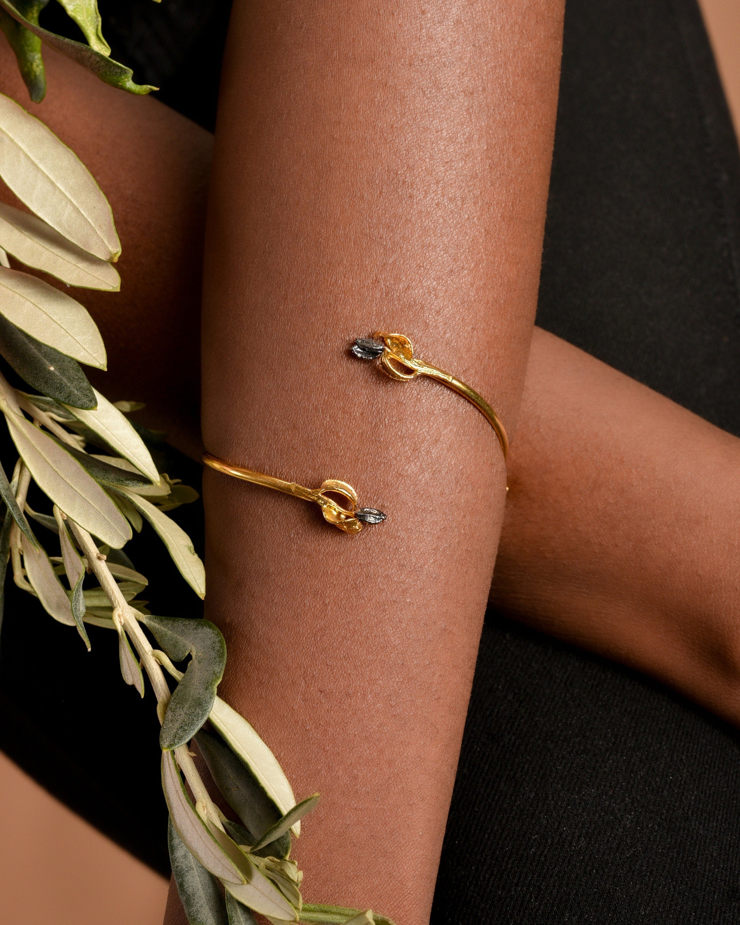 Olive Branch Bracelet – Gold Plated Sterling Silver Adjustable Open Cuff Jewelry