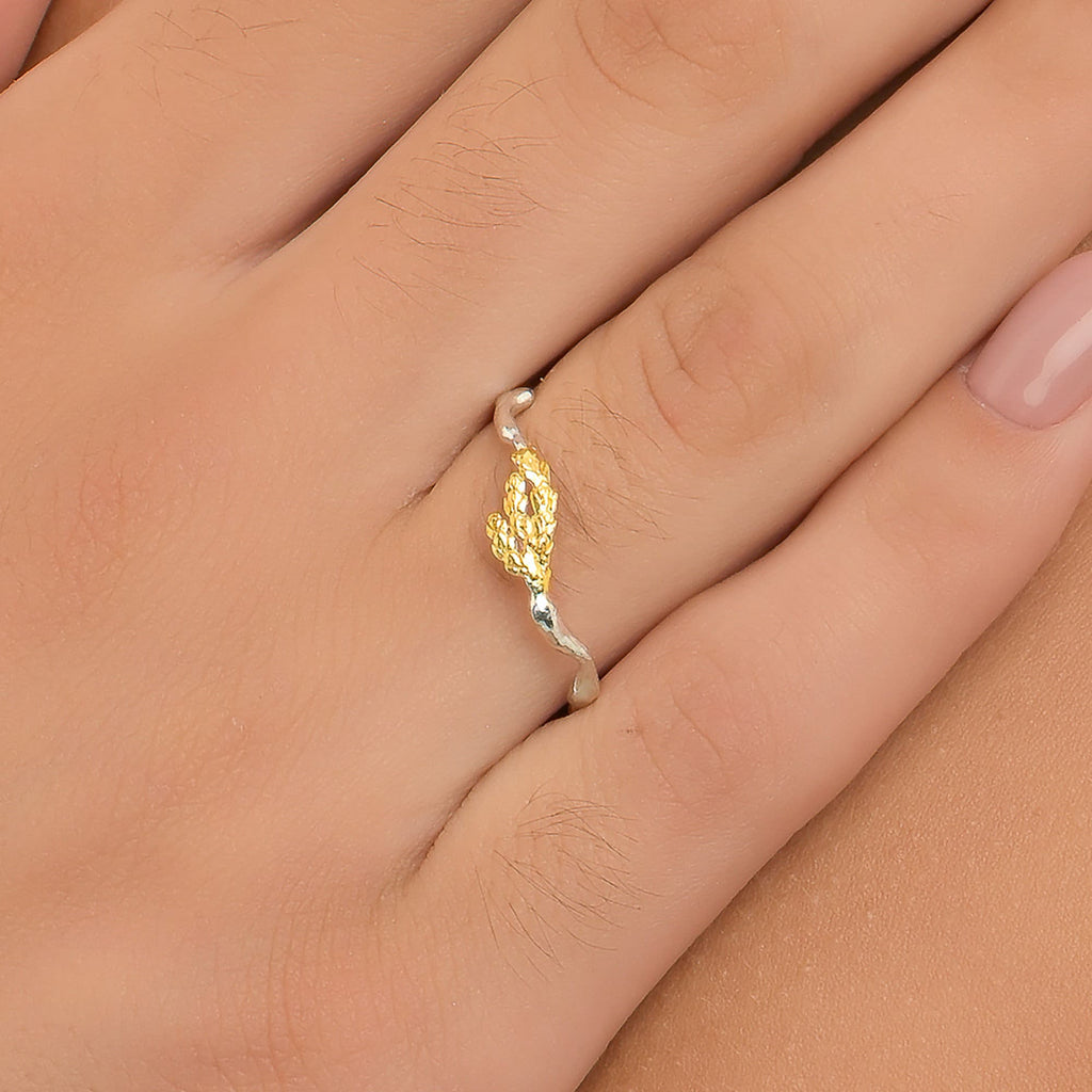 Nature Inspired Ring – Low Profile Branch Ring with Jasmine Twig & Silver Leaf Detail