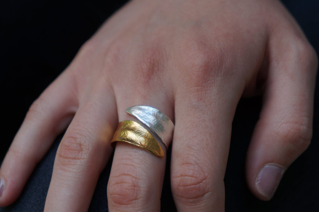 Nature Inspired Ring – Adjustable Two Tone Olive Leaf Sterling Silver Band
