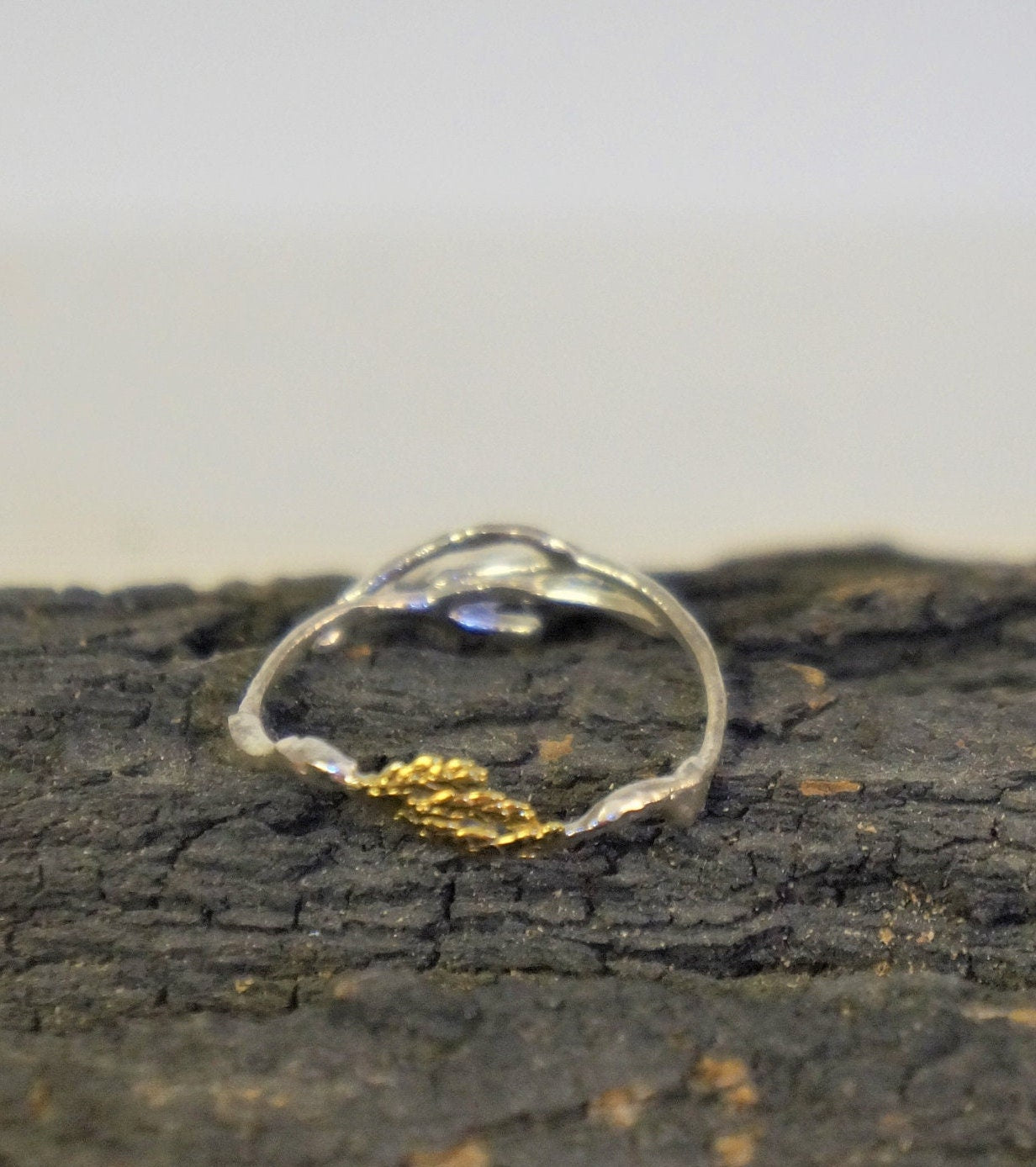 Nature Inspired Ring – Low Profile Branch Ring with Jasmine Twig & Silver Leaf Detail