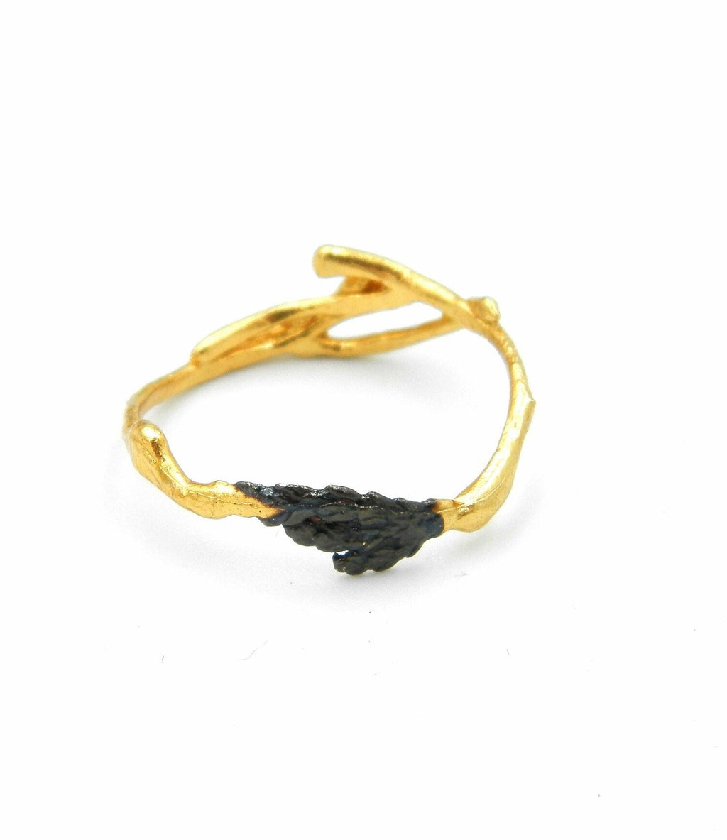 Minimalist Nature Ring – Handmade Leaf Ring With Gold & Black Rhodium Plating