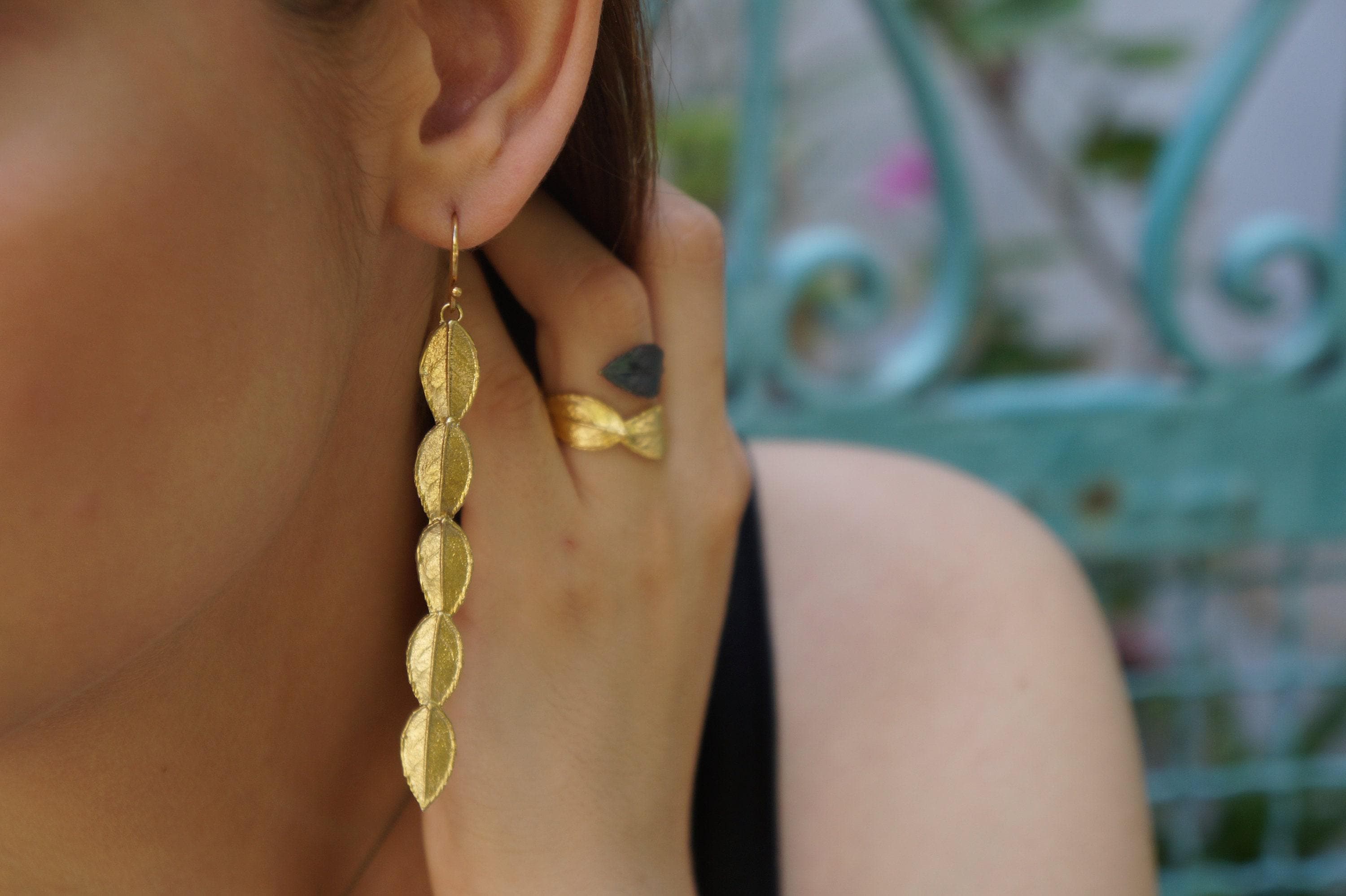 Rose Leaf Earrings – Gold Plated Long Recycled Brass Eco Friendly Jewelry