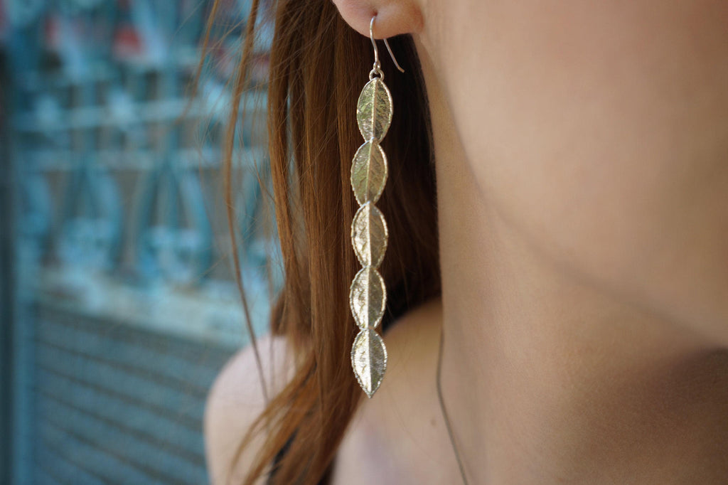 Rose Leaf Earrings – Gold Plated Long Recycled Brass Eco Friendly Jewelry