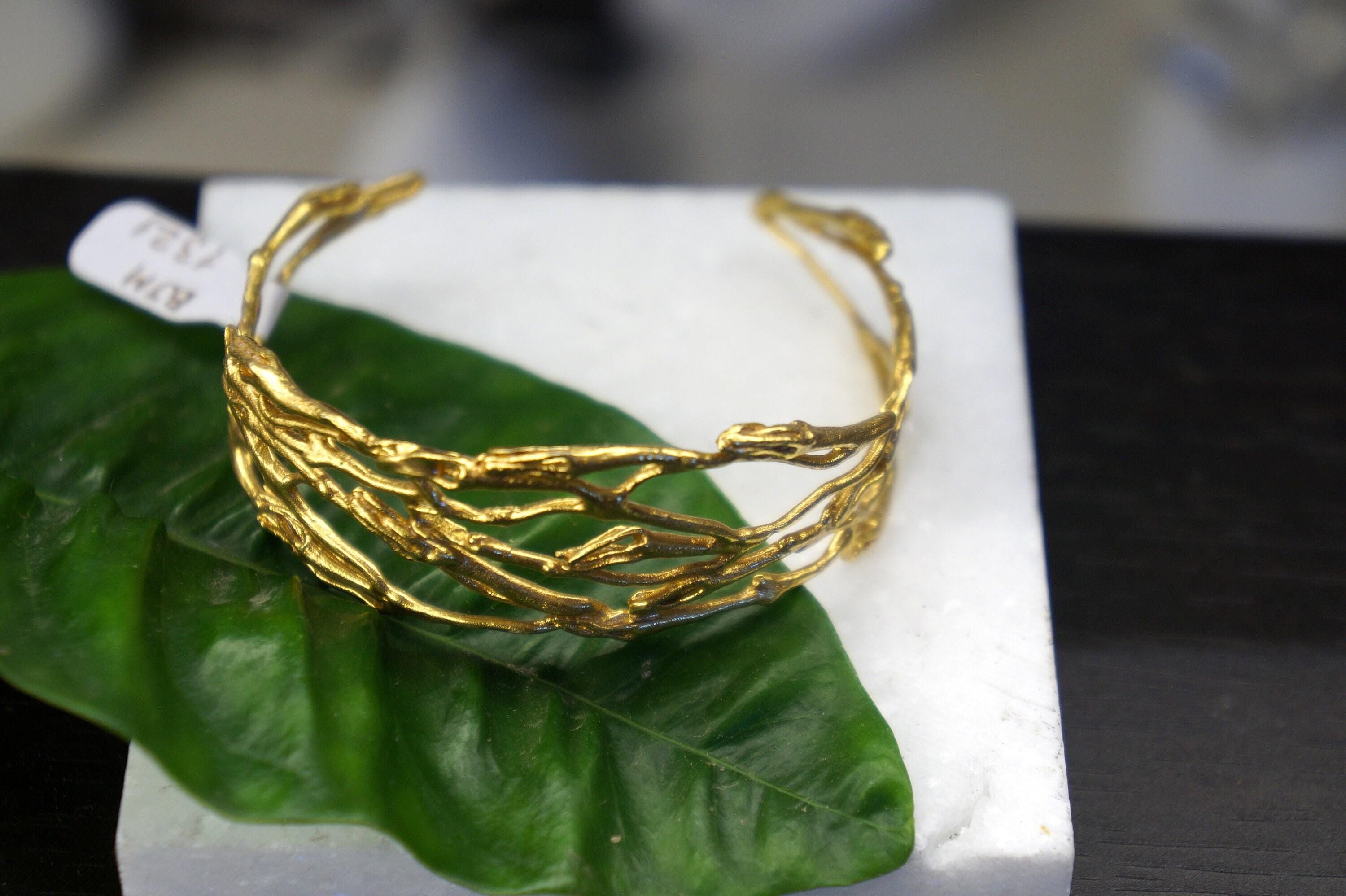 Adjustable Twig Bracelet – 14k Gold Plated Recycled Brass Cuff with Jasmine Flower Charm