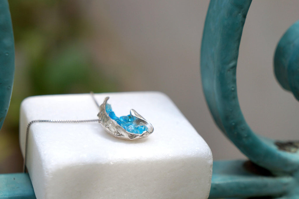Blue Murano Glass Necklace – Gold Plated Silver Sea Shell Pendant, Handmade Jewelry